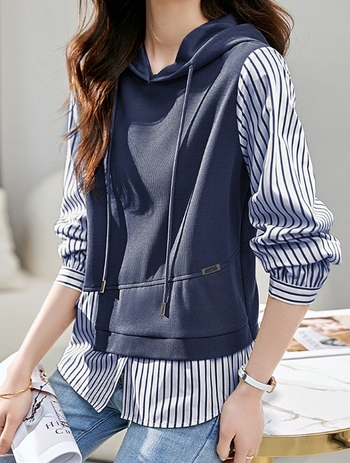 Hamis kétrészes 2024 őszi új, lezser, csíkos varrású, laza, ingázásra alkalmas, divatos, minden mérkőzésre alkalmas, karcsúsító női kapucnis pulóver