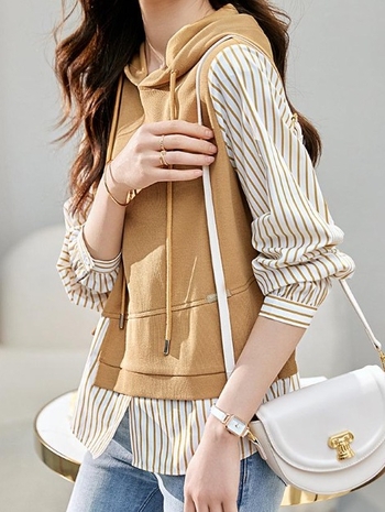 Hamis kétrészes 2024 őszi új, lezser, csíkos varrású, laza, ingázásra alkalmas, divatos, minden mérkőzésre alkalmas, karcsúsító női kapucnis pulóver