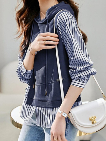 Hamis kétrészes 2024 őszi új, lezser, csíkos varrású, laza, ingázásra alkalmas, divatos, minden mérkőzésre alkalmas, karcsúsító női kapucnis pulóver