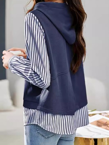 Hamis kétrészes 2024 őszi új, lezser, csíkos varrású, laza, ingázásra alkalmas, divatos, minden mérkőzésre alkalmas, karcsúsító női kapucnis pulóver