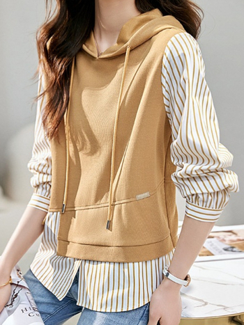 Hamis kétrészes 2024 őszi új, lezser, csíkos varrású, laza, ingázásra alkalmas, divatos, minden mérkőzésre alkalmas, karcsúsító női kapucnis pulóver