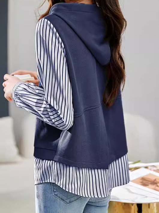 Hamis kétrészes 2024 őszi új, lezser, csíkos varrású, laza, ingázásra alkalmas, divatos, minden mérkőzésre alkalmas, karcsúsító női kapucnis pulóver