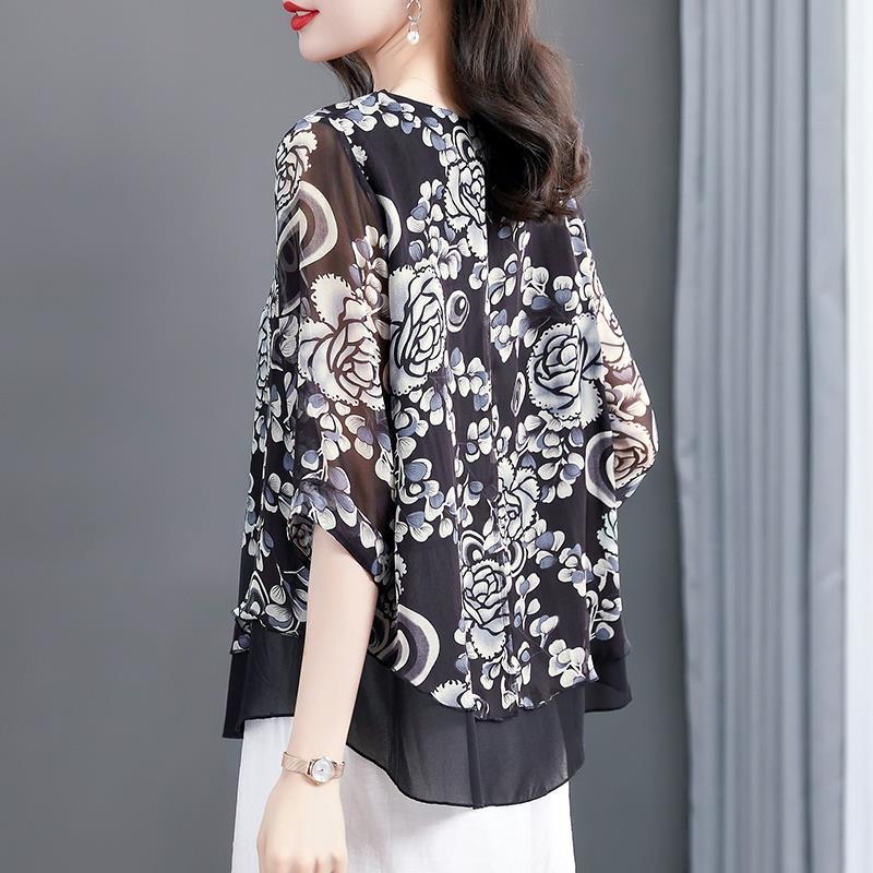 Moteriški marškiniai trijų ketvirčių rankovėmis, didelio dydžio, šifono rašto, 2025 m. vasaros, naujo stiliaus, prieinami, prabangūs, nišiniai, madingi.