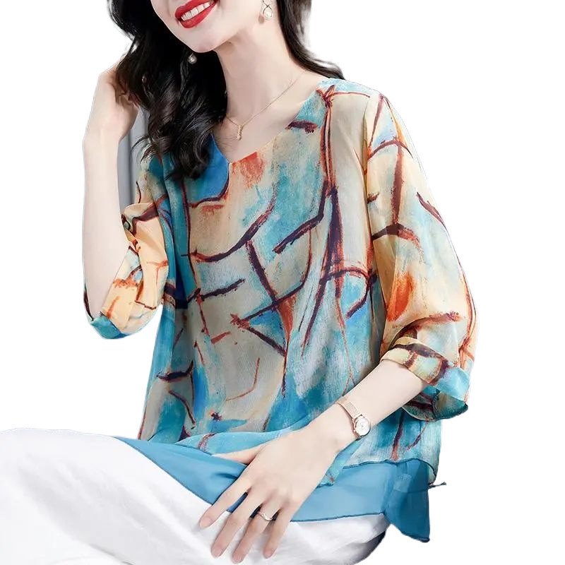 Moteriški marškiniai trijų ketvirčių rankovėmis, didelio dydžio, šifono rašto, 2025 m. vasaros, naujo stiliaus, prieinami, prabangūs, nišiniai, madingi.