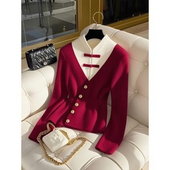 2025 Νέο Κινέζικο Στυλ Εθνικού Στυλ Κόκκινο Ψεύτικο Πουλόβερ Δύο Τεμαχίων Χειμερινό Νέο Σούπερ Όμορφο Μαύρο Φούστα Δύο Τεμαχίων για Γυναίκες