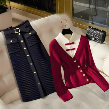 2025 Νέο Κινέζικο Στυλ Εθνικού Στυλ Κόκκινο Ψεύτικο Πουλόβερ Δύο Τεμαχίων Χειμερινό Νέο Σούπερ Όμορφο Μαύρο Φούστα Δύο Τεμαχίων για Γυναίκες