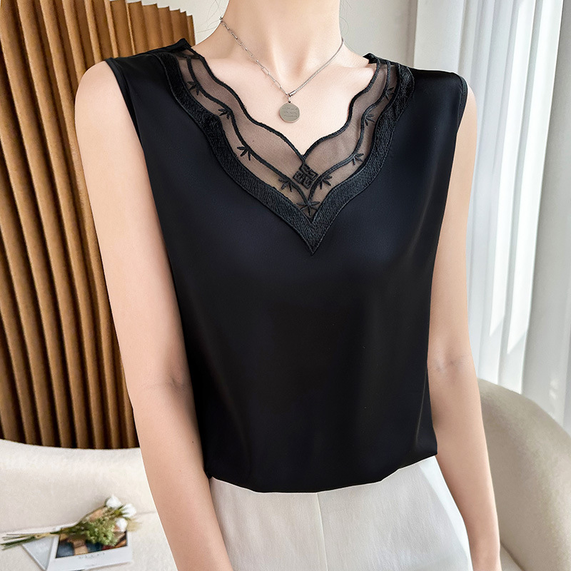 Csipkés trikó női tavaszi és nyári öltöny lakberendezési niche szatén ujjatlan alap ing divatos laza felső