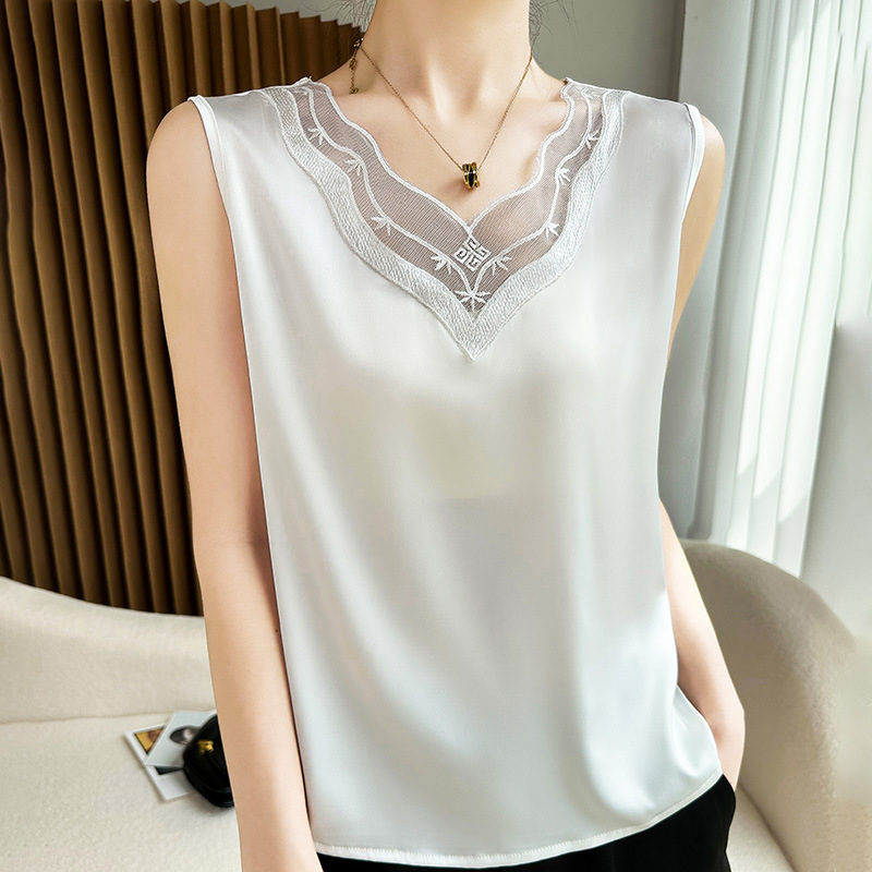 Csipkés trikó női tavaszi és nyári öltöny lakberendezési niche szatén ujjatlan alap ing divatos laza felső
