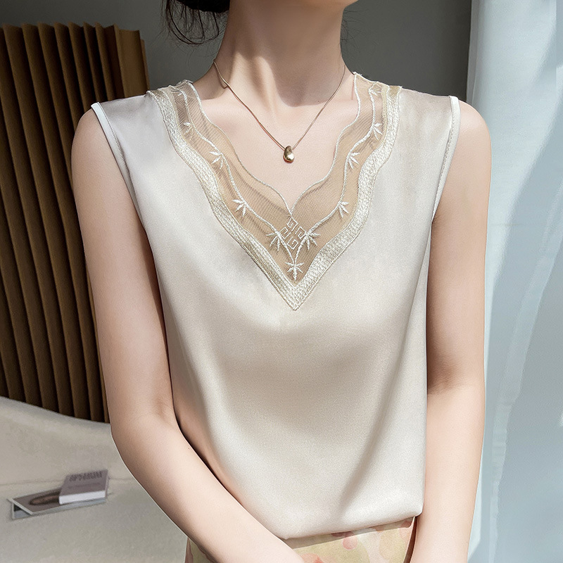 Csipkés trikó női tavaszi és nyári öltöny lakberendezési niche szatén ujjatlan alap ing divatos laza felső