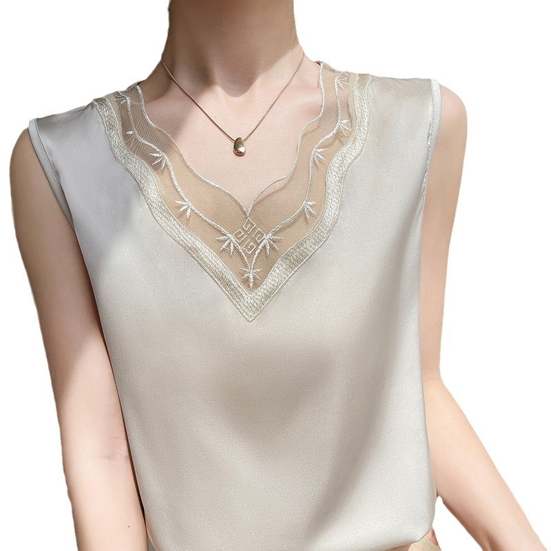 Csipkés trikó női tavaszi és nyári öltöny lakberendezési niche szatén ujjatlan alap ing divatos laza felső