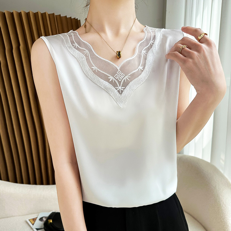 Csipkés trikó női tavaszi és nyári öltöny lakberendezési niche szatén ujjatlan alap ing divatos laza felső