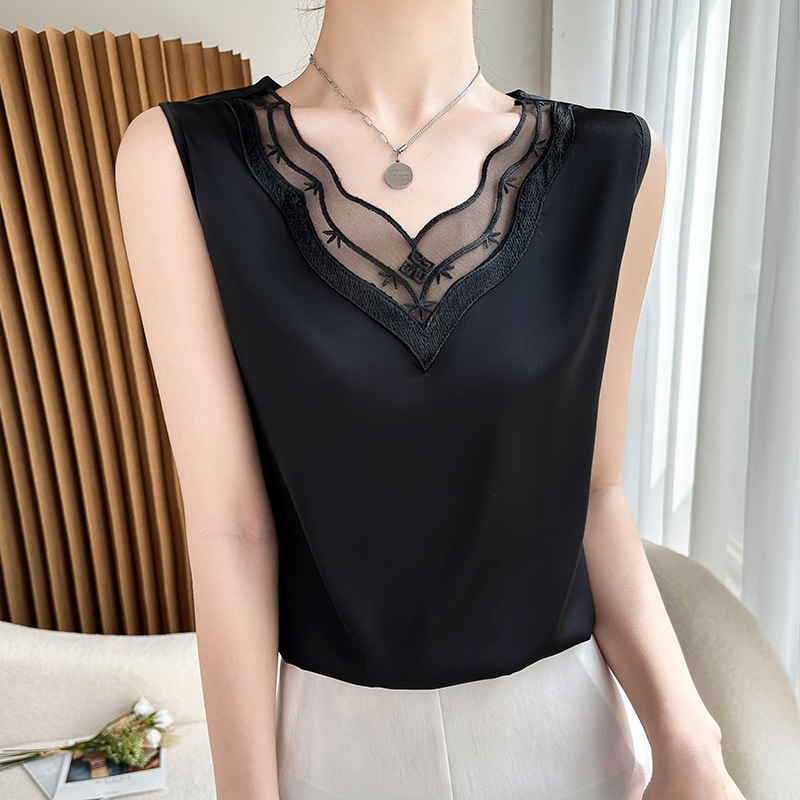 Csipkés trikó női tavaszi és nyári öltöny lakberendezési niche szatén ujjatlan alap ing divatos laza felső