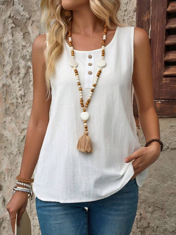 2025-ös nyár, európai és amerikai Amazon határokon átnyúló kereskedelemmel, lezser, gombos, bő, kerek nyakú, ujjatlan, egyszínű pamut felső nőknek.