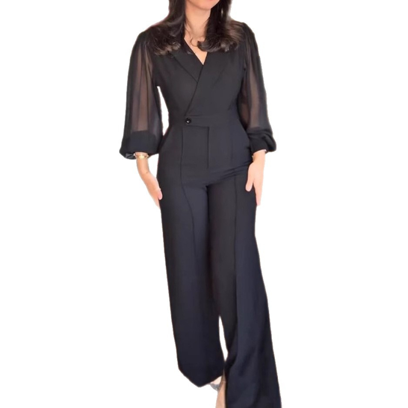 2025 Új európai és amerikai Amazon határokon átnyúló külkereskedelmi női átlátszó hosszú ujjú elegáns fekete egyenes szárú nadrág kétrészes szett