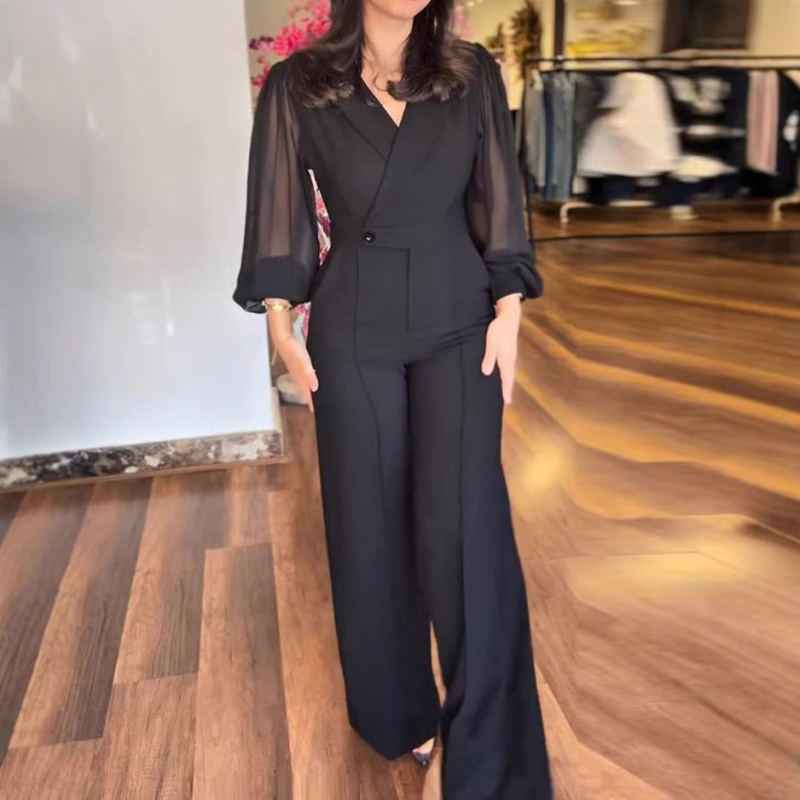 2025 Új európai és amerikai Amazon határokon átnyúló külkereskedelmi női átlátszó hosszú ujjú elegáns fekete egyenes szárú nadrág kétrészes szett