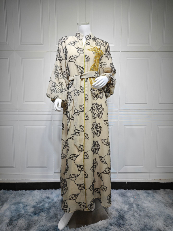 AB087 Közel-keleti, határokon átnyúló jalabiya muszlim etnikai női ruha, gyöngyös, égetett virágos estélyi ruha, nagyméretű ruha