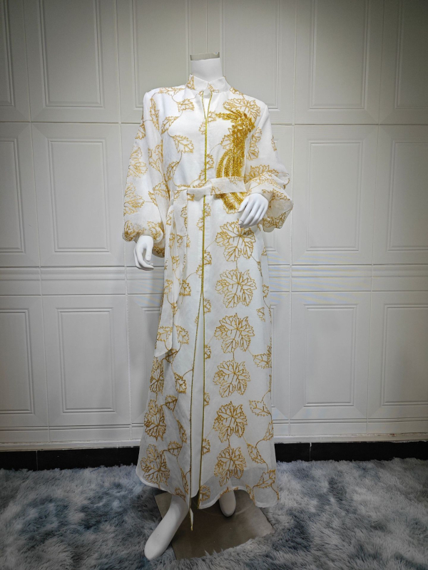 AB087 Közel-keleti, határokon átnyúló jalabiya muszlim etnikai női ruha, gyöngyös, égetett virágos estélyi ruha, nagyméretű ruha