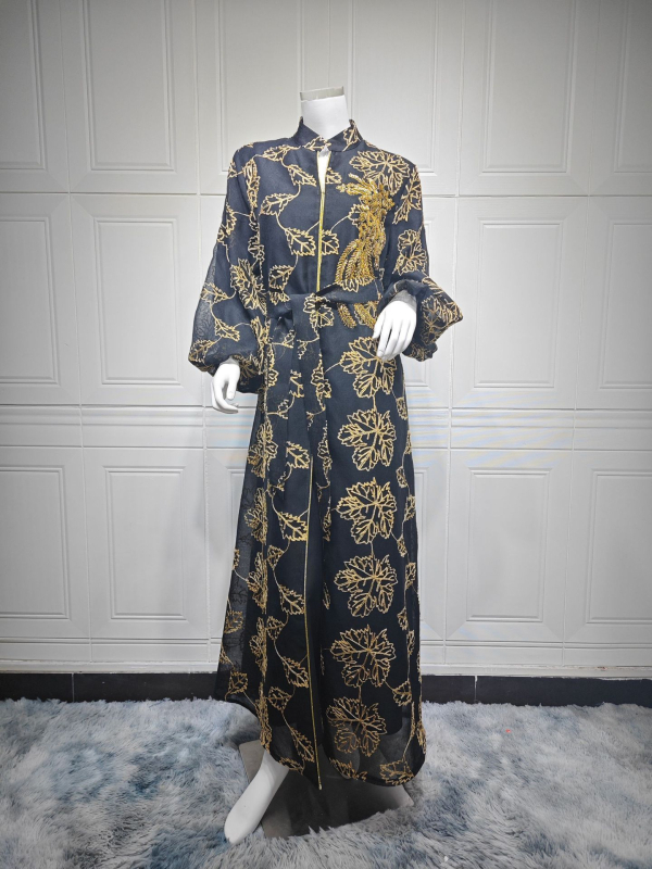 AB087 Közel-keleti, határokon átnyúló jalabiya muszlim etnikai női ruha, gyöngyös, égetett virágos estélyi ruha, nagyméretű ruha