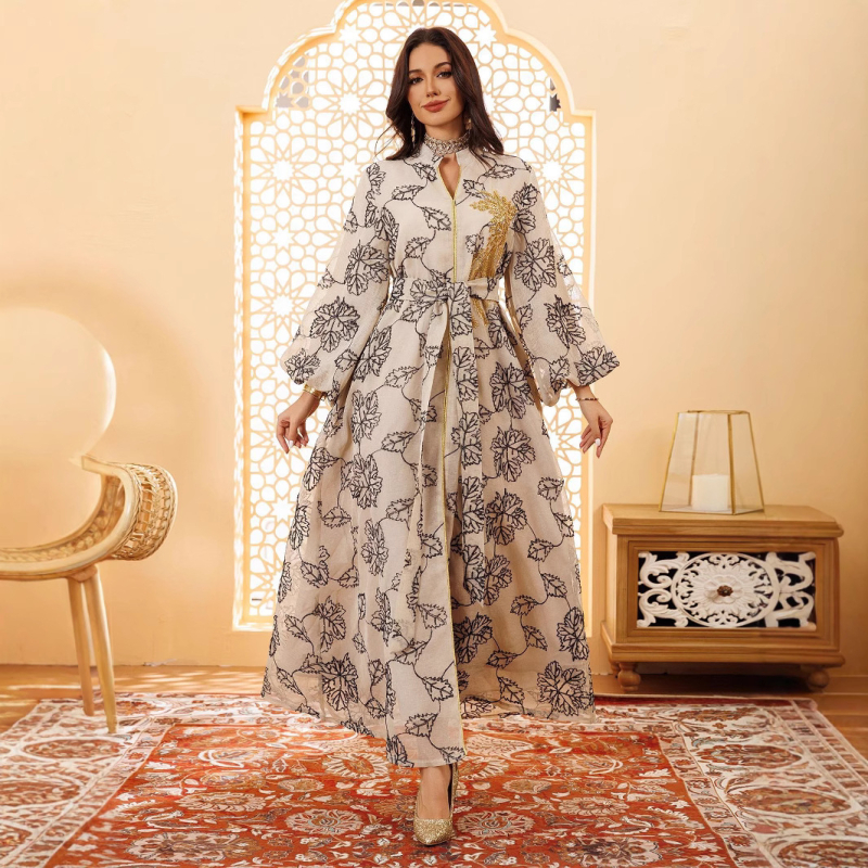 AB087 Közel-keleti, határokon átnyúló jalabiya muszlim etnikai női ruha, gyöngyös, égetett virágos estélyi ruha, nagyméretű ruha
