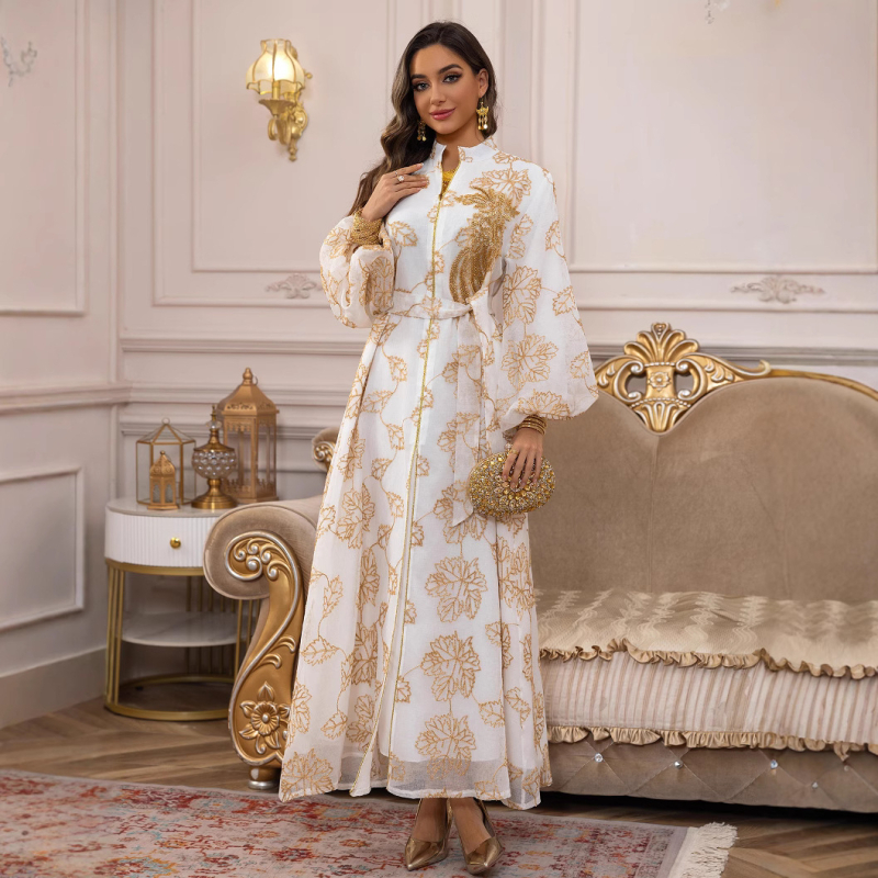 AB087 Közel-keleti, határokon átnyúló jalabiya muszlim etnikai női ruha, gyöngyös, égetett virágos estélyi ruha, nagyméretű ruha