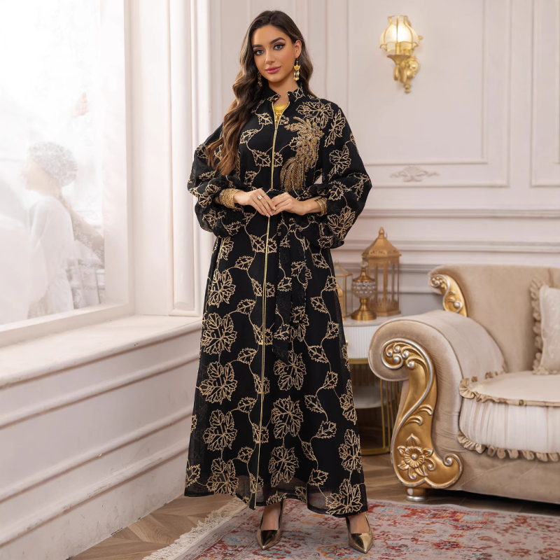 AB087 Közel-keleti, határokon átnyúló jalabiya muszlim etnikai női ruha, gyöngyös, égetett virágos estélyi ruha, nagyméretű ruha