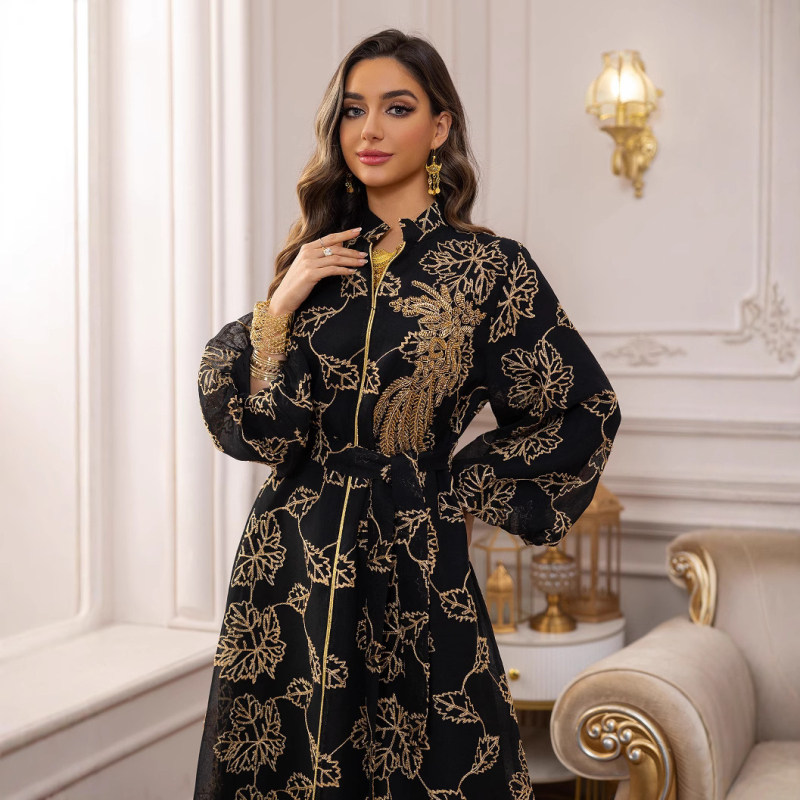 AB087 Közel-keleti, határokon átnyúló jalabiya muszlim etnikai női ruha, gyöngyös, égetett virágos estélyi ruha, nagyméretű ruha