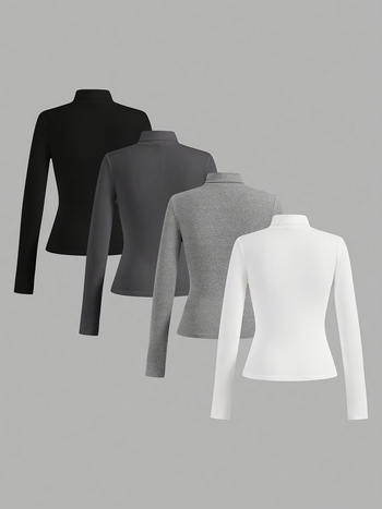 Amazon Aliexpress női egyszínű, hétköznapi, 4 részes, magas gallérú, hosszú ujjú póló