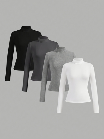 Amazon Aliexpress Γυναικείο Μονόχρωμο Casual T-shirt 4 τεμαχίων με Ψηλό Γιακά και Μακρυμάνικο