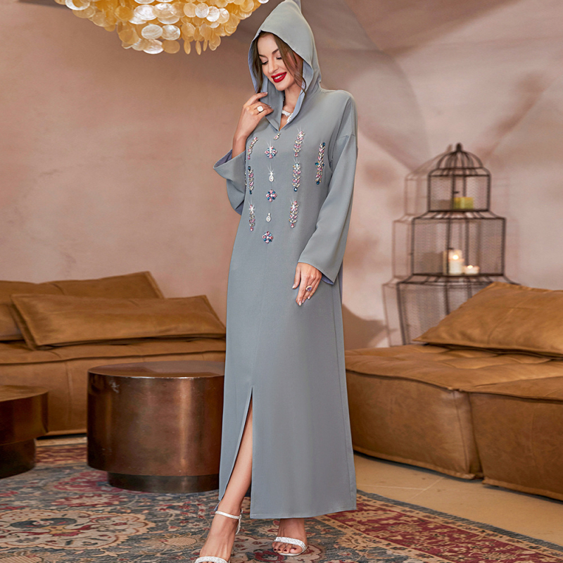 A819 új, szürke-rózsaszín virágos, kapucnis, kézzel varrott, rombuszmintás, marokkói stílusú abaya ruha