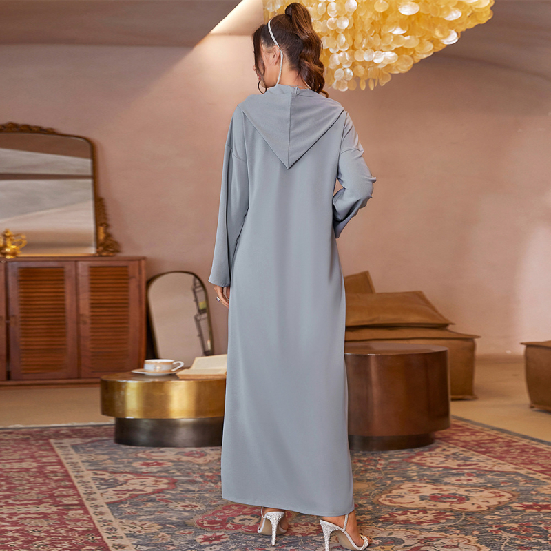 A819 új, szürke-rózsaszín virágos, kapucnis, kézzel varrott, rombuszmintás, marokkói stílusú abaya ruha