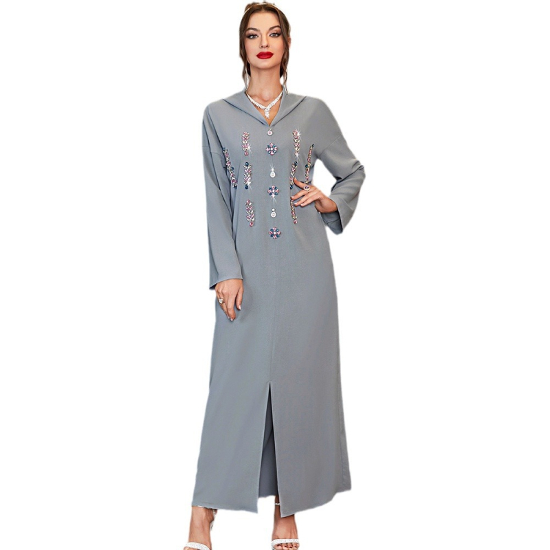 A819 új, szürke-rózsaszín virágos, kapucnis, kézzel varrott, rombuszmintás, marokkói stílusú abaya ruha