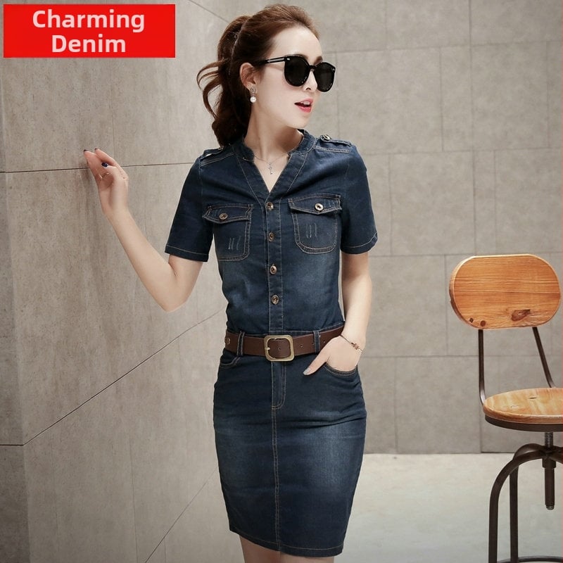 2024 m. pavasario ir vasaros nauja korėjietiško stiliaus vidutinio ilgio džinsinė suknelė, liekninamasis apklotas, trumpomis rankovėmis, džinsinis sijonas moterims.