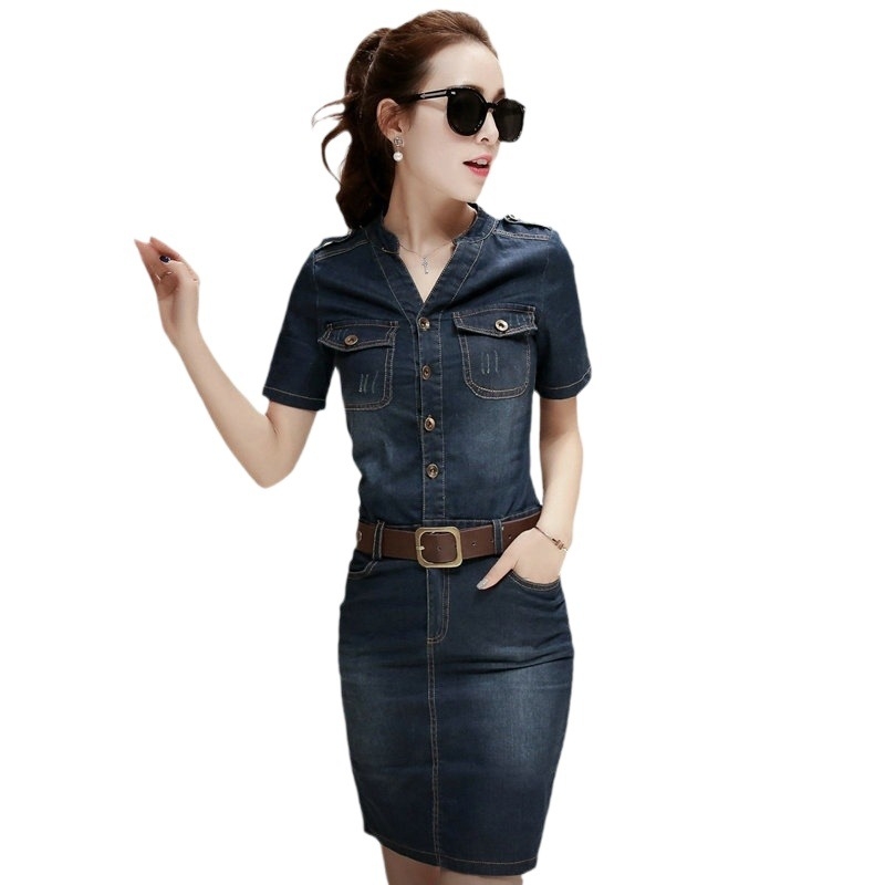 2024 m. pavasario ir vasaros nauja korėjietiško stiliaus vidutinio ilgio džinsinė suknelė, liekninamasis apklotas, trumpomis rankovėmis, džinsinis sijonas moterims.