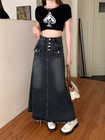 2025 tavaszi és nyári újdonság, farmerszoknya, női, körte alakú, középhosszú, kék, szürke, karcsúsító szoknya, zsebes, A-vonalú szoknya