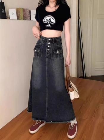 Νέα άφιξη για την άνοιξη και το καλοκαίρι του 2025, γυναικεία φούστα τζιν μεσαίου μήκους σε σχήμα αχλαδιού, μπλε-γκρι, με λεπτή φούστα και τσέπη σε γραμμή Α