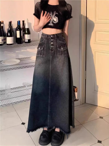 Νέα άφιξη για την άνοιξη και το καλοκαίρι του 2025, γυναικεία φούστα τζιν μεσαίου μήκους σε σχήμα αχλαδιού, μπλε-γκρι, με λεπτή φούστα και τσέπη σε γραμμή Α