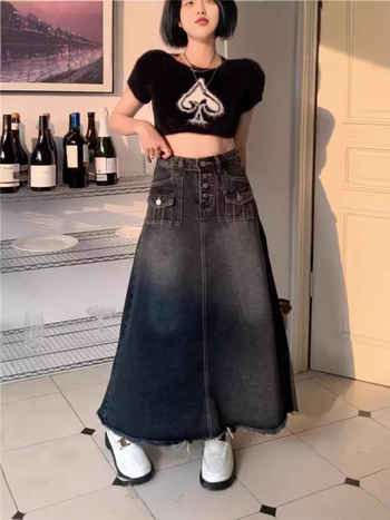 Νέα άφιξη για την άνοιξη και το καλοκαίρι του 2025, γυναικεία φούστα τζιν μεσαίου μήκους σε σχήμα αχλαδιού, μπλε-γκρι, με λεπτή φούστα και τσέπη σε γραμμή Α