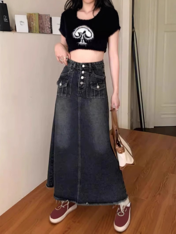 2025 tavaszi és nyári újdonság, farmerszoknya, női, körte alakú, középhosszú, kék, szürke, karcsúsító szoknya, zsebes, A-vonalú szoknya