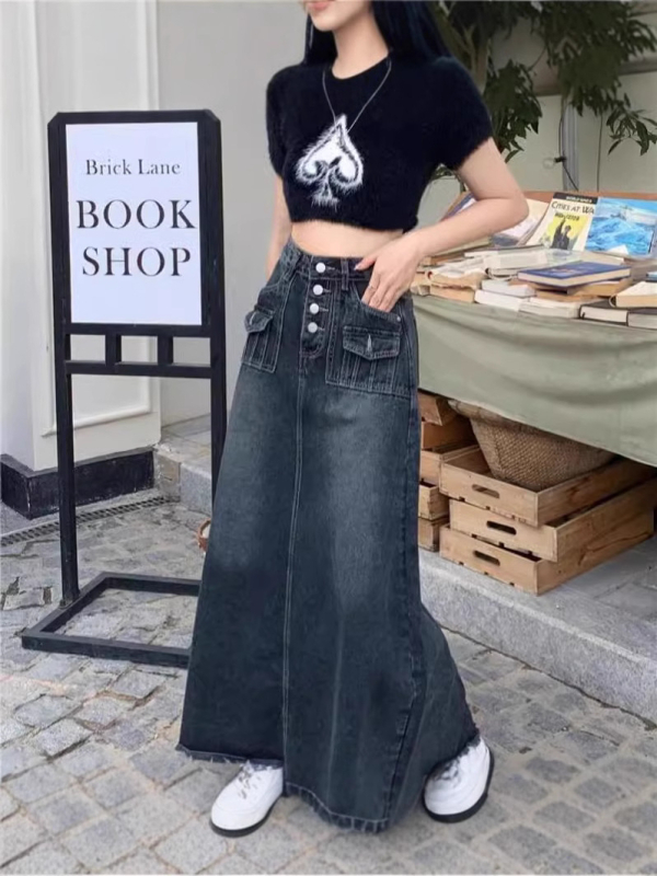 2025 tavaszi és nyári újdonság, farmerszoknya, női, körte alakú, középhosszú, kék, szürke, karcsúsító szoknya, zsebes, A-vonalú szoknya