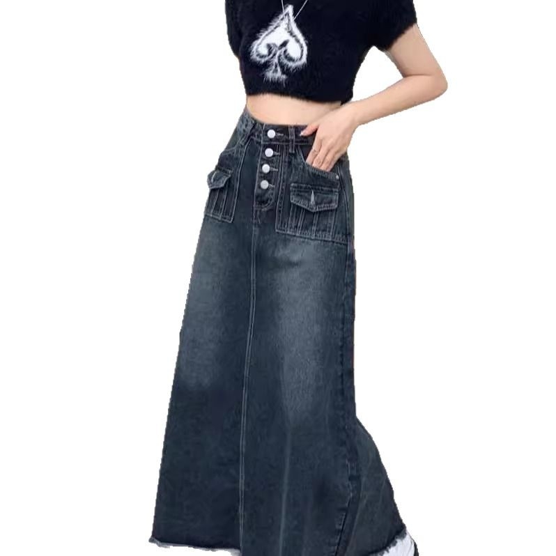2025 tavaszi és nyári újdonság, farmerszoknya, női, körte alakú, középhosszú, kék, szürke, karcsúsító szoknya, zsebes, A-vonalú szoknya