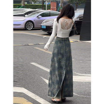 Κομψό, δαντελένιο μπλουζάκι με μακριά μανίκια και κεντημένη φούστα από τζιν, κεντημένο για κορίτσια, άνοιξη και καλοκαίρι 2025, νέο σετ δύο τεμαχίων