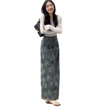 Κομψό, δαντελένιο μπλουζάκι με μακριά μανίκια και κεντημένη φούστα από τζιν, κεντημένο για κορίτσια, άνοιξη και καλοκαίρι 2025, νέο σετ δύο τεμαχίων