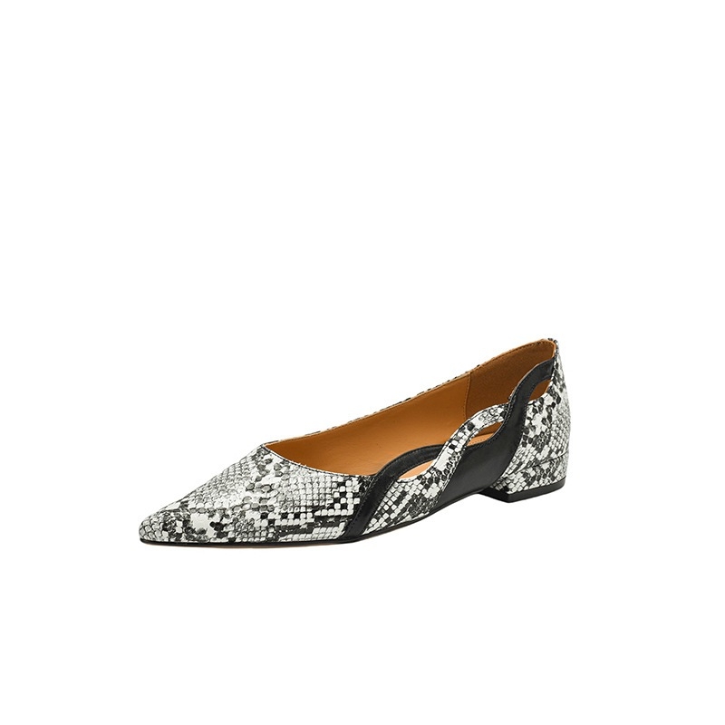2025 Tavaszi és őszi sekély szájú, ingázáshoz való temperamentumos divatos, kígyómintás, színblokkos, üreges hegyű, lapos, alacsony sarkú női egyszínű cipők 34-40