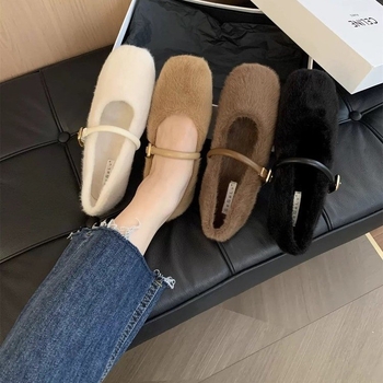 Γυναικεία παπούτσια Mink Mao Mao για χειμερινά ρούχα 2024, νέα κορεάτικα στυλ, μαλακά, επίπεδα, ζεστά παπούτσια Mary Jane με επένδυση από φλις