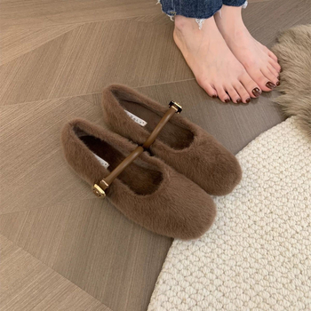 Γυναικεία παπούτσια Mink Mao Mao για χειμερινά ρούχα 2024, νέα κορεάτικα στυλ, μαλακά, επίπεδα, ζεστά παπούτσια Mary Jane με επένδυση από φλις