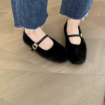 Γυναικεία παπούτσια Mink Mao Mao για χειμερινά ρούχα 2024, νέα κορεάτικα στυλ, μαλακά, επίπεδα, ζεστά παπούτσια Mary Jane με επένδυση από φλις