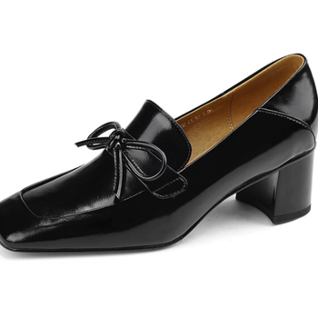 Γυναικεία παπούτσια με χοντρό τακούνι 2025, άνοιξη, νέα, κορεάτικα στυλ, βρετανικού στιλ, μικρά δερμάτινα παπούτσια με λουστρίνι, vintage, τετράγωνη μύτη και φιόγκο