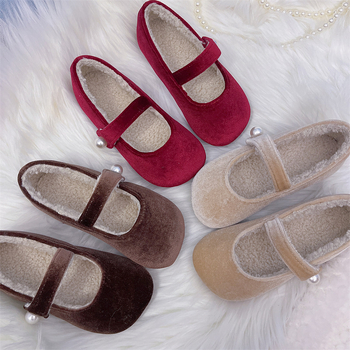 Lõuna-Korea lastejalatsid 2025. aasta kevad- ja sügiskingad armsad tüdrukute pehme tallaga lääne stiilis printsessikingad retro sametist väikestele tüdrukutele fliisvoodriga kingad