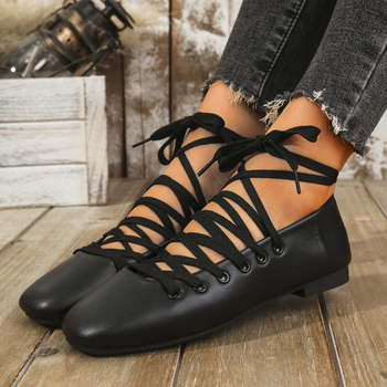 Γυναικεία φλατ παπούτσια για μεγάλα μεγέθη, ρετρό, τετράγωνα δάχτυλα, ρηχά, casual παπούτσια με σταυρωτό λουράκι, για την άνοιξη του 2025.