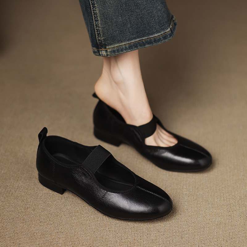 Vintage egyszerű kerek orrú, lapos, sekély szájú női cipők 2025 tavaszi és nyári új, mindenhez illő, elasztikus Mary Jane bőrcipő